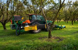 Scuturător de nuci Monchiero VL08 montat pe tractor, în livada de nuc, la testul echipei Ozonteh