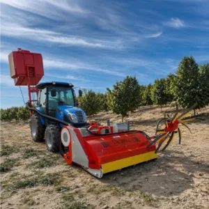 Cassinelli TR 200.2 Special montat pe tractor în plantație de alun; configurație cu perie laterală